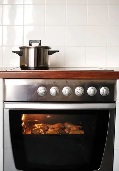 metal pan on induction cooker in kitchen