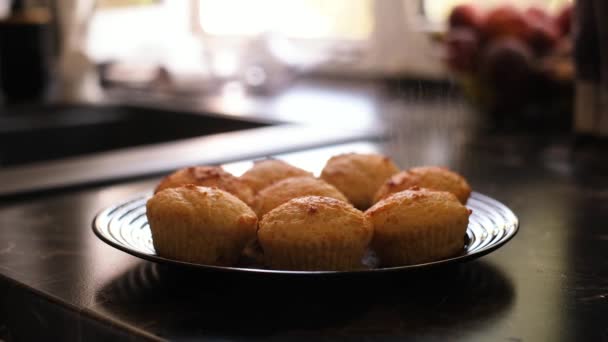 Mulher Polvilha Cupcakes Com Açúcar Cozinha Close Chef Preparando Sobremesa — Vídeo de Stock