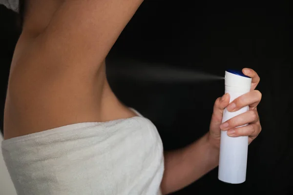 Woman Towel Shower Uses Antiperspirant Spray Closeup — Zdjęcie stockowe