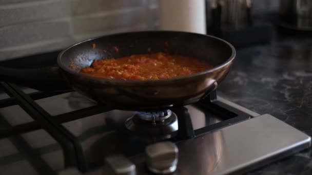 Woman Stirring Vegetables Frying Pan Stove Close Front View — Stock video