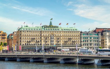 Stockholm, Sweden - June 26 2022: Grand Hotel, a five star hotel in Stromkajen. Founded by Frenchman, Jean-Francois Regis Cadier, in 1872, opened on 1874