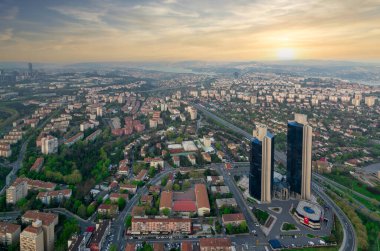 Aerial sunset shot of Istanbul city from Istanbul Sapphire skyscraper overlooking the Bosphorus, Istanbul, Turkey