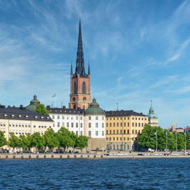 View from City Hall overlooking Riddarholmshamnen Island, with Supreme Administrative Court, and Riddarholmen Church tower, Stockholm, Sweden