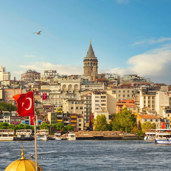 City view of Istanbul city, Turkey, from the sea with Galata Tower in the far end, before sunset