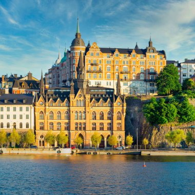View from City Hall overlooking Riddarholmshamnen Island, with famous buildings, Stockholm, Sweden