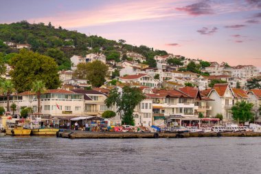 Marmara Denizi 'nden Kinaliada adasının geleneksel yazlık ve tekneleriyle manzarası, İstanbul, Türkiye