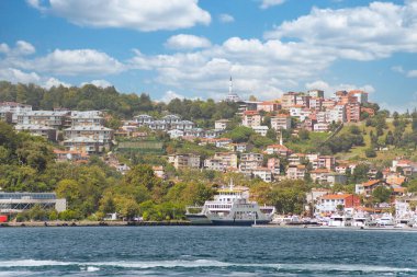 İstanbul Boğazı 'nın Asyalı tarafındaki yeşil dağların denizinden bir yaz günü geleneksel evler ve sık ağaçlarla manzarayı izleyin.