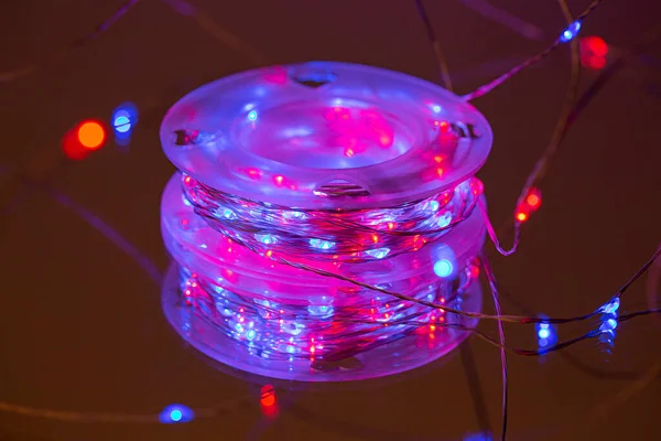 LED string lights. Party holiday christmas decoration lights. Close up christmas LED lighting