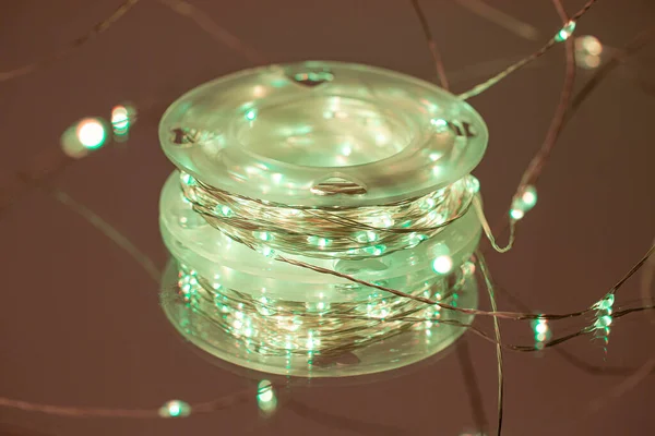 LED string lights. Party holiday christmas decoration lights. Close up christmas LED lighting