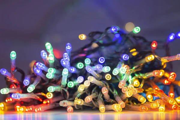 LED string lights. Party holiday christmas decoration lights. Close up christmas LED lighting