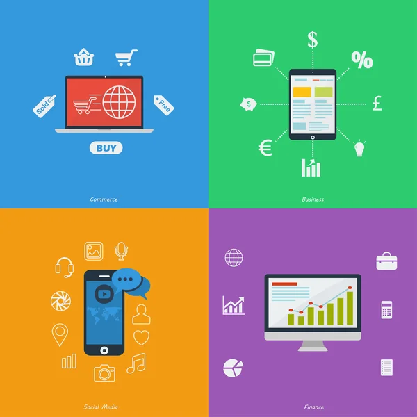 Ikoner för handel, finans, handel, sociala medier — Stock vektor