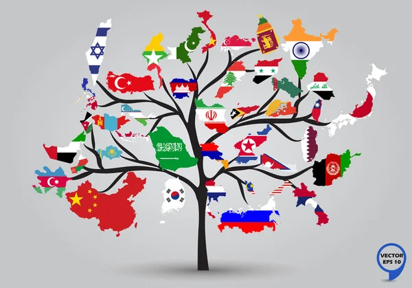 Carte des drapeaux de l'Asie dans la conception des arbres . — Image vectorielle