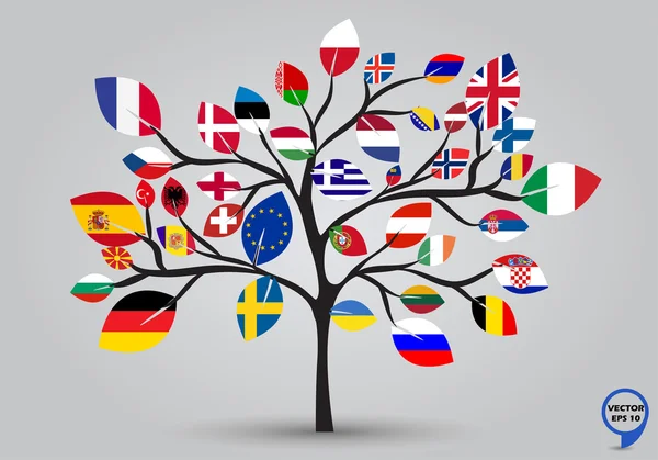 Bandeiras de folhas da Europa em desenho de árvores —  Vetores de Stock