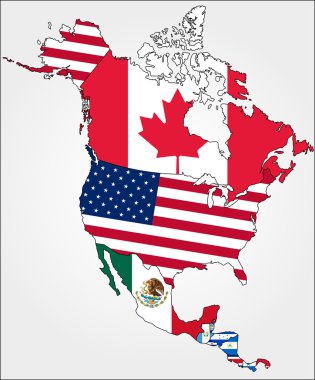bayrakları ile Kuzey Amerika Haritası.
