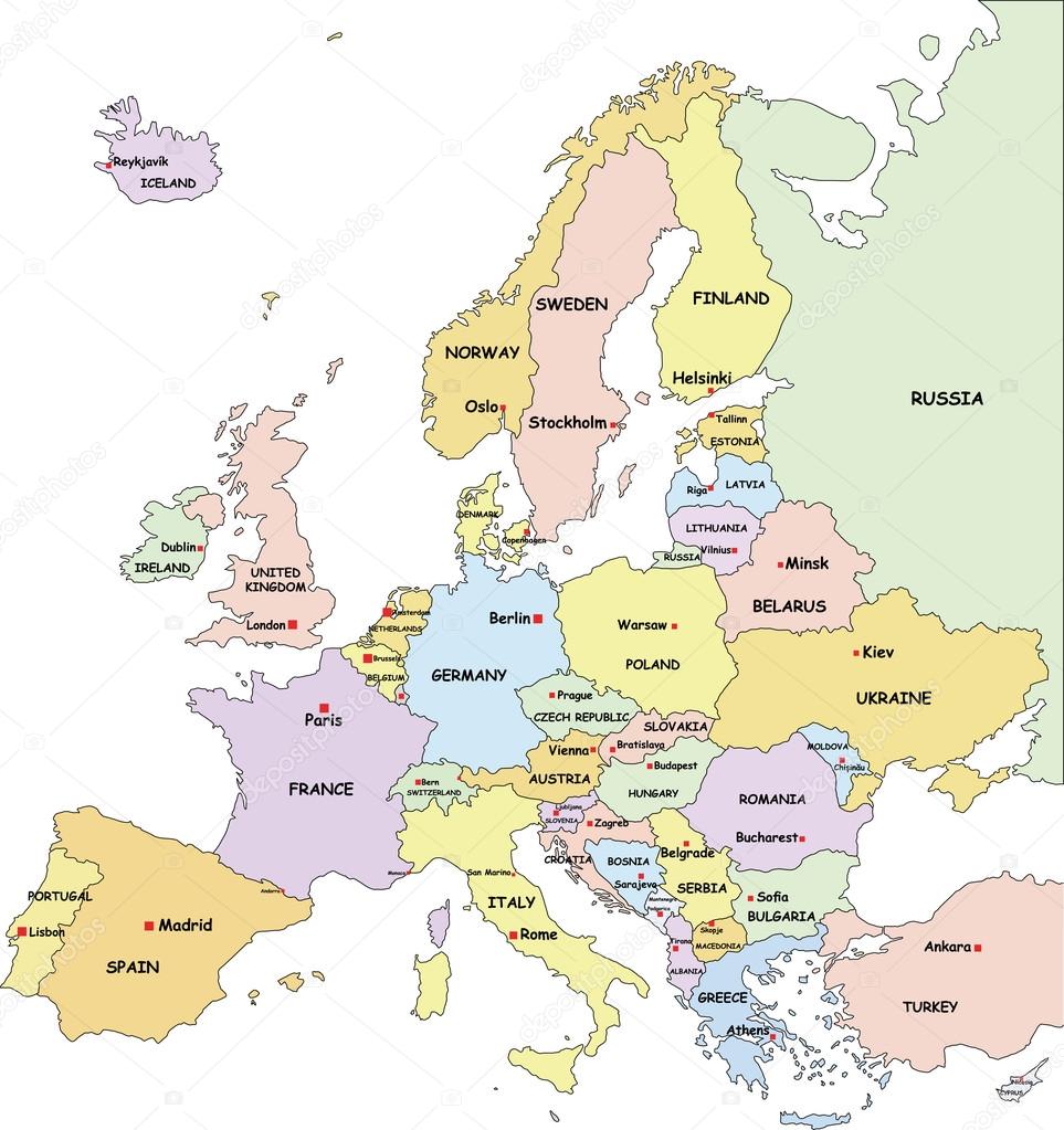 Европейские столицы карта. Карта Европы с государствами и столицами. Границы государств центральной Европы и их столицы на карте. Карта зарубежной Европы со странами и столицами. Карта Европы со странами на русском.