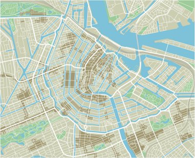 Amsterdam 'ın iyi organize edilmiş ayrı katmanlı vektör şehir haritası.