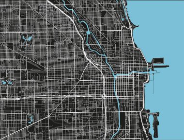 Chicago 'nun siyah-beyaz şehir haritası iyi organize edilmiş ayrı katmanlarla.
