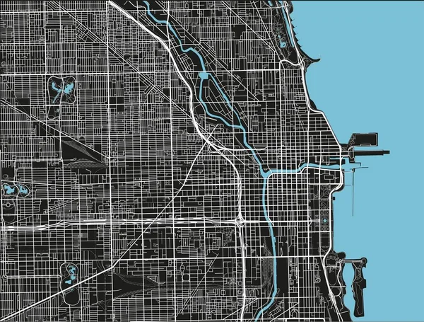 Черно Белая Векторная Карта Чикаго Хорошо Организованными Разделенными Слоями — стоковый вектор