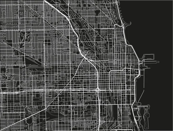 Черно Белая Векторная Карта Чикаго Хорошо Организованными Разделенными Слоями — стоковый вектор