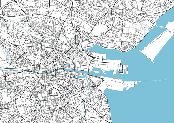 よく組織された分離された層を持つダブリンの黒と白のベクトル都市地図 — ストックベクタ
