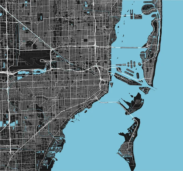 Черно Белая Векторная Карта Города Майами Хорошо Организованными Разделенными Слоями — стоковый вектор