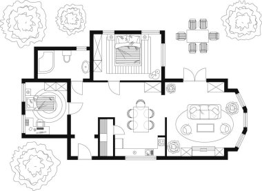 Siyah ve beyaz bir ev planı.