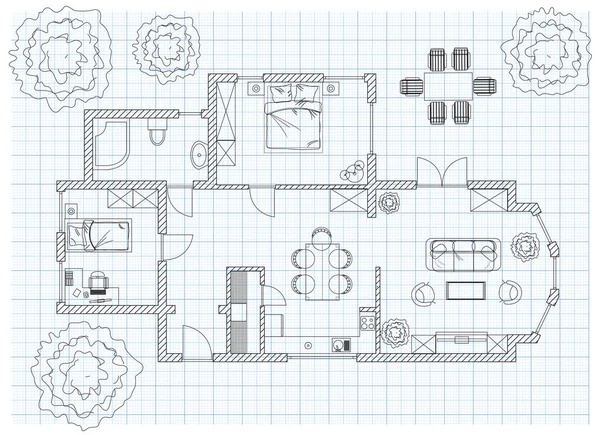 Plan Étage Noir Blanc Esquisse Une Maison Sur Papier Millimètre — Image vectorielle