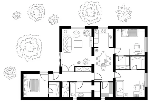 黒と白の家の平面図 — ストックベクタ