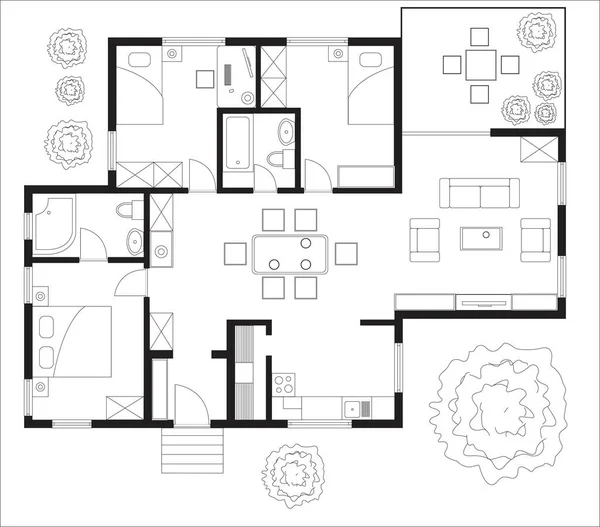 Svart Och Vitt Planritning Ett Hus — Stock vektor