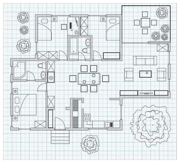 房子在毫米波纸上的黑色和白色地板计划纲要 — 图库矢量图片