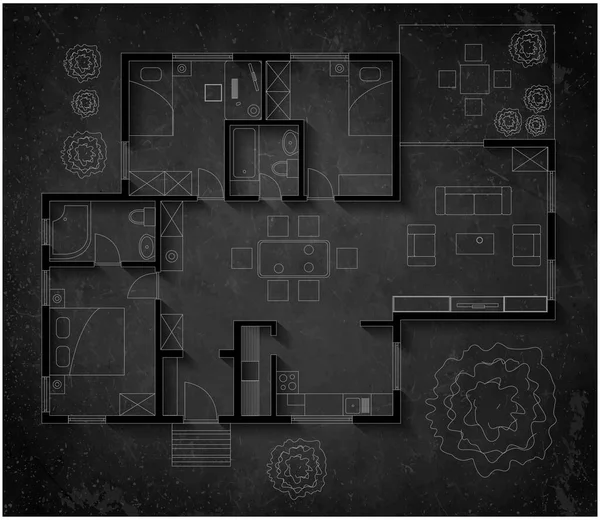 房屋平面图 黑板背景 阴影下 — 图库矢量图片