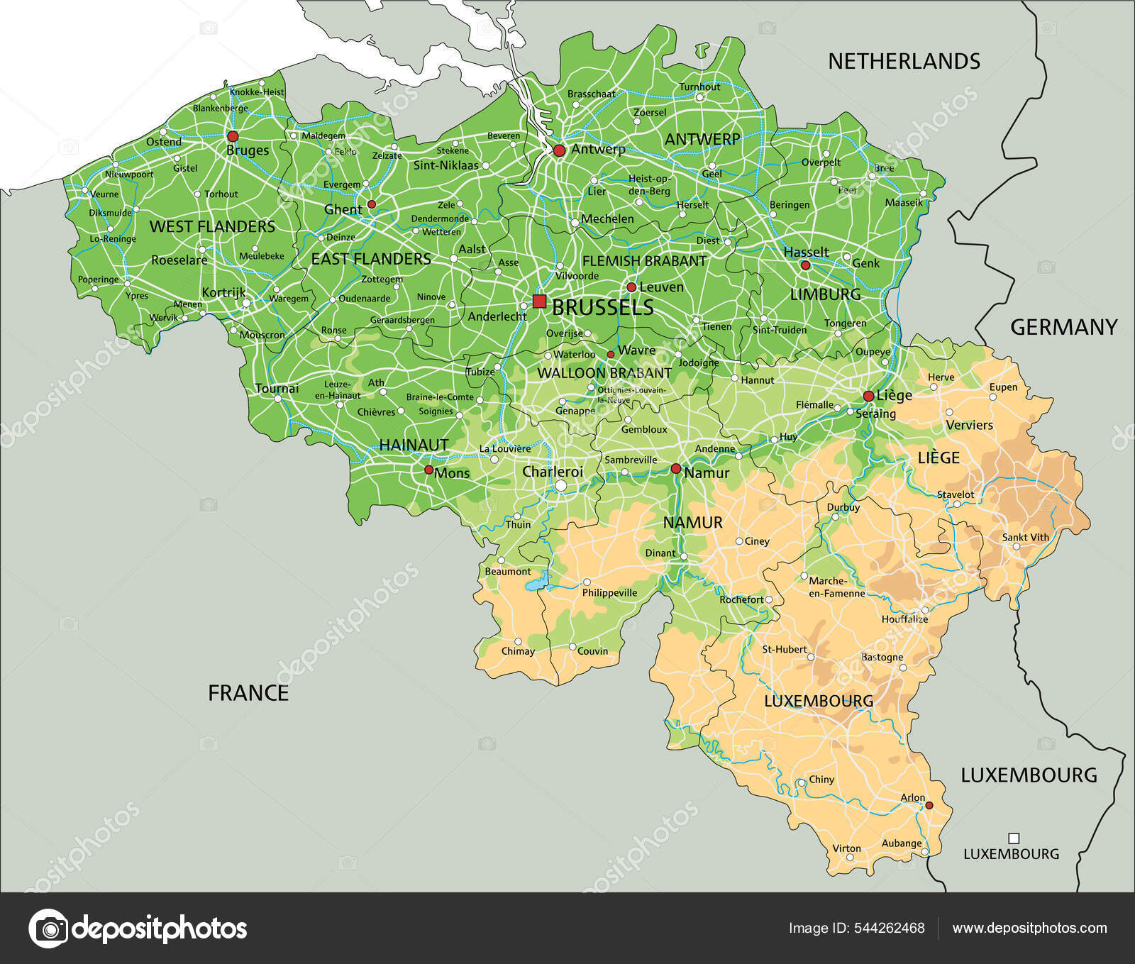 High Detailed Belgium Physical Map Labeling Stock Vector by ©delpieroo 544262468