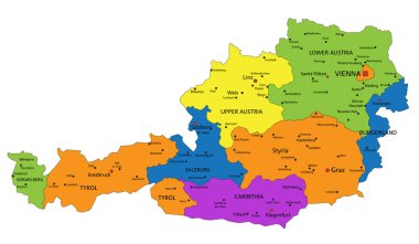 Açık bir şekilde etiketlenmiş, ayrı katmanlı renkli Avusturya siyasi haritası. Vektör illüstrasyonu.
