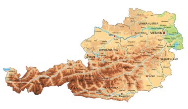 Etiketli yüksek detaylı Avusturya fiziksel haritası.