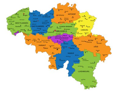 Açık bir şekilde etiketlenmiş, ayrı katmanlı renkli Belçika siyasi haritası. Vektör illüstrasyonu.