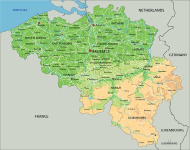 Etiketli yüksek detaylı Belçika fiziksel haritası.
