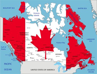 Kanada, beyaz arka planda ulusal bayrağın izole edildiği son derece ayrıntılı siyasi harita.