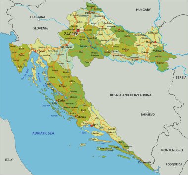 Ayrık katmanlı, son derece detaylı politik harita. Hırvatistan.