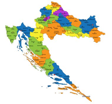 Açık bir şekilde etiketlenmiş, ayrık katmanlı renkli Hırvatistan siyasi haritası. Vektör illüstrasyonu. 