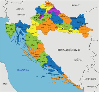 Açık bir şekilde etiketlenmiş, ayrık katmanlı renkli Hırvatistan siyasi haritası. Vektör illüstrasyonu. 