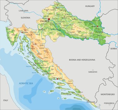 Etiketli yüksek ayrıntılı Hırvatistan fiziksel haritası.