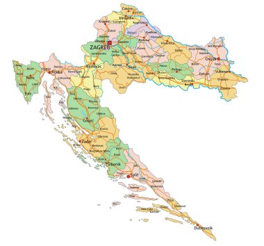 Hırvatistan - Etiketli son derece ayrıntılı düzenlenebilir siyasi harita.