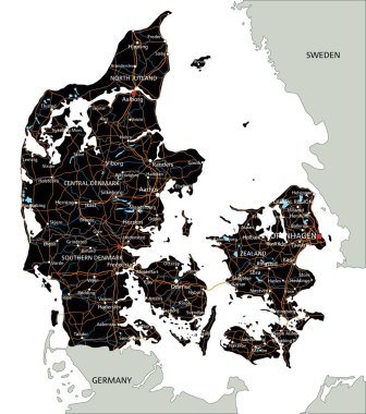 Etiketli yüksek detaylı Danimarka yol haritası.