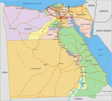 Mısır - Etiketli son derece ayrıntılı düzenlenebilir siyasi harita.