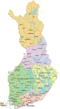 Finlandiya - Etiketleme ile birlikte son derece ayrıntılı düzenlenebilir politik harita.