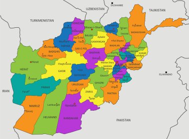 Açık bir şekilde etiketlenmiş, ayrık katmanlı renkli Afganistan siyasi haritası. Vektör illüstrasyonu.