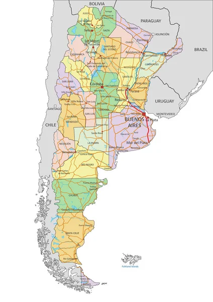 Argentina Mapa Político Editable Altamente Detallado Con Etiquetado — Vector de stock