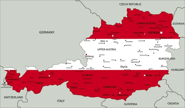 Austria Mapa Político Muy Detallado Con Bandera Nacional — Archivo Imágenes Vectoriales