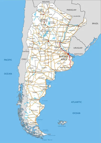ラベル付きの高詳細アルゼンチン道路地図 — ストックベクタ