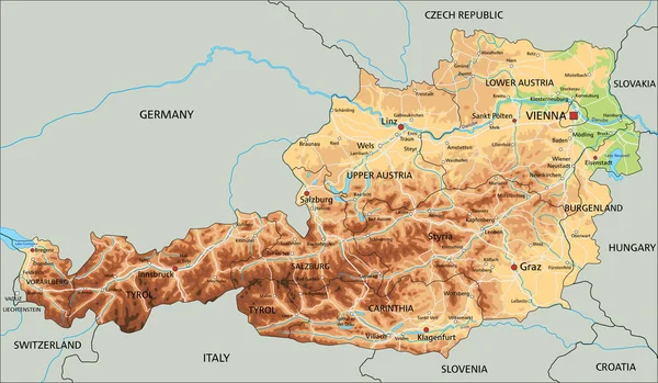 Hoch Detaillierte Österreich Karte Mit Beschriftung — Stockvektor